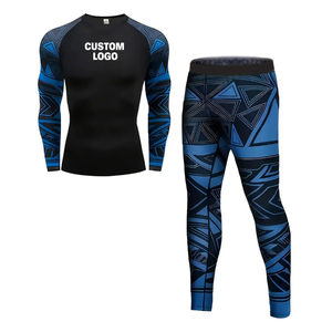Breathable Spandex/Nylon 2-Piece <b>Compression</b> <b>Shirt</b> & Legging Set for Men <b>Black</b>/Blue Quick Dry Full Sleeve MMA/BJJ Training - Product Image 1