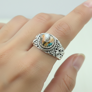 925 Sterling Silver Oyster Turquoise <b>Ring</b> Handmade Vintage Boho <b>Statement</b> <b>Ring</b> Yellow Gold Plated Ethnic Spiral Design Jewelry - Product Image 4