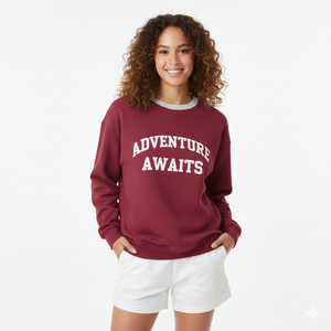 Sudadera de cuello redondo para mujer, color granate, con estampado Adventure Awaits, informal, de otoño, de punto, de algodón, de manga larga - Product Image 1