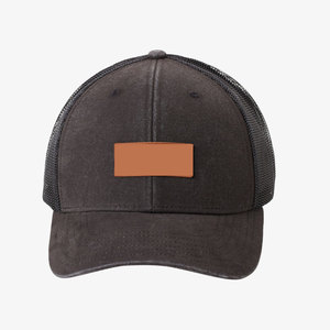 Casquette Trucker en Maille Noire avec Patch en Cuir Marron, Casquette Ajustable à Fermeture Snapback, Style Casual Unisexe, Portée Toutes Saisons - Product Image 1