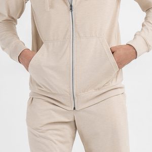 Sudadera con capucha beige personalizada para hombre con cremallera completa, capucha con cordón y bolsillos laterales, chaqueta con capucha informal minimalista - Product Image 5