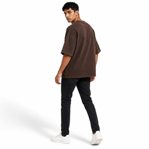 T-shirt en coton marron uni surdimensionné pour homme, manches courtes, col rond, coupe décontractée, tricot jersey, longueur normale, teinture unie - Product Image 2