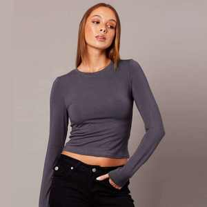 T-shirts à manches longues pour femmes, coupe ajustée, col rond, basiques, unis, printemps automne, vente en gros - Product Image 2