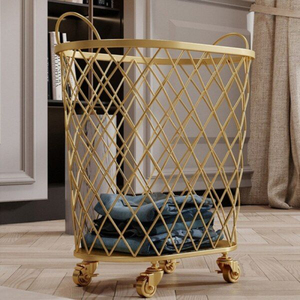 Modern <b>Gold</b> Metal Rolling Eco-Friendly Lightweight Laundry Basket Swivel Wheels Iron Laundry Hamper Hotel Bathroom Bedroom - Product Image 5