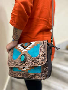 Newest Hand Tooled Leather Crossbody Bag Saddle <b>Blanket</b> Purse Western Women Handbag Vintage Turquoise Aztec Carpet Cowgirl Purse - Product Image 2