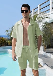 Ensemble 2 pièces personnalisé pour homme : chemise boutonnée en maille gaufrée et short, tenue d'été décontractée en tissu avec poches - Product Image 2