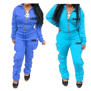 Conjunto Deportivo Gris para Mujer, Talla Grande, Sudadera con Cierre Completo, Pantalones Cargo, Ropa Casual, Color Sólido, Manga Larga, Atuendo Otoñal - Product Image 4