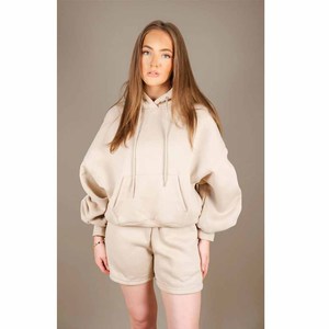 Conjunto de Sudadera con Capucha y Pantalones Cortos Oversize para Mujer, de Color Liso, de Algodón Afelpado, Dos Piezas, Ropa Casual para Estar en Casa, Diseño de Hombros Caídos - Product Image 4