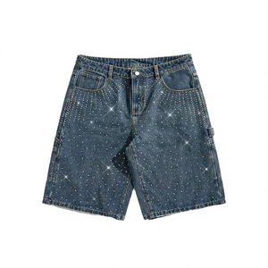 High Waist Denim Shorts With Rhinestone <b>Sequins</b> Streetwear Style Summer Cargo <b>Pants</b> Medium Wash Cotton Fabric - Product Image 2