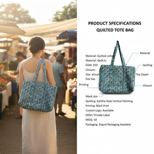 Sac fourre-tout de luxe écologique en toile de coton matelassée pour le week-end, vente en gros, imprimé au bloc de Jaipur, OEM, marque privée, réutilisable pour les courses - Product Image 5