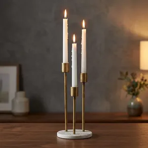 Modern Marble Base Candle Holder Set of 3 Minimalist Gold Finish Taper Candles for Dining <b>Table</b> Home Decor - Product Image 4