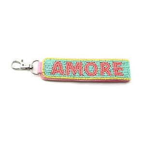 Porte-clés fantaisie en coton perlé avec mousqueton, motif alphabet Amore tissé rectangulaire rose menthe jaune, design élégant pour la Saint-Valentin - Product Image 1