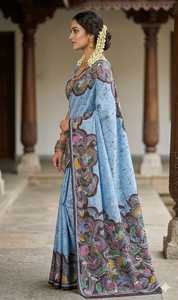Sari en coton bleu avec imprimé floral dessiné à la main, tenue traditionnelle indienne et pakistanaise pour mariage et fête, longueur au sol, coupe classique pour femme - Product Image 3