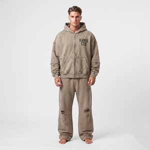 Custom Solid Color Men Cotton Fleece Jogger Set Distressed <b>Full</b> <b>Zip</b> <b>Hoodie</b> Drop Shoulder Relaxed Fit Tracksuit - Product Image 6