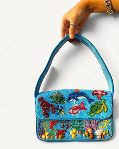 Handcrafted Beaded Ocean Life <b>Large</b> Capacity Eco-Friendly Shoulder <b>Bag</b> Sea Turtle Dolphin Fish Coral Shell Motif Beach Handbag - Product Image 2