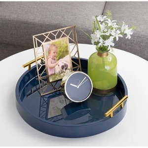 Modern Round Metal Decorative Tray <b>Navy</b> Blue Finish with Gold Handles for Coffee Table Use - Product Image 5