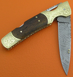 Back <b>Lock</b> Customized Damascus Steel Blade Straight Pocket <b>Knife</b> brass booster engraved wood Handle Leather Sheath Outdoor - Product Image 1
