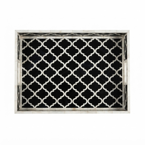Plateau décoratif de luxe fait main en os incrusté noir et blanc, motif marocain à quatre feuilles, pour table basse et ottoman - Product Image 1