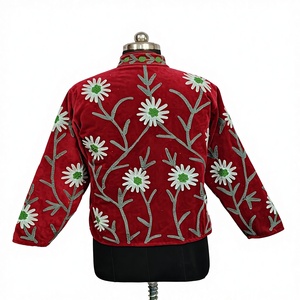 Luxury Red <b>Velvet</b> Women's <b>Jacket</b> with Handmade Floral Embroidery | Boho Style Winter Coat | Premium Kashmiri Aari Work Outerwear - Product Image 4