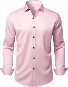 Camisa de Vestir Formal de Manga Larga Rosa para Hombre, Color Sólido, Cierre de Botones, Popelina Tejida, Estilo Primavera - Product Image 1