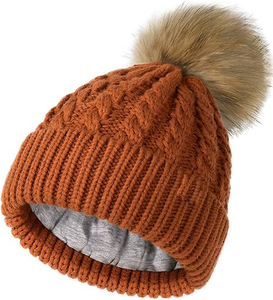 Bonnet unisexe en tricot côtelé de couleur unie, 100 % acrylique, ajustable, pour l'hiver, décontracté, pour le cyclisme, avec pompon en fourrure et revers, pour adultes - Product Image 1