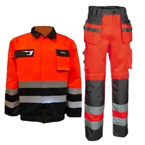 Macacão de segurança para roupa de trabalho, babador e cinta, roupa uniforme reflexiva respirável, material de algodão OEM e ODM