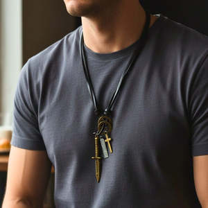 Fashion Necklace Knight Golden Sword Pendant 2.5-Inch Pure Stainless Steel with Adjustable Leather <b>Rope</b> for Men & Boys - Product Image 1