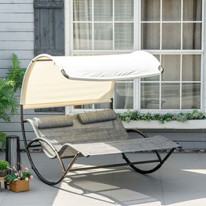 Chaise longue double à bascule gris clair au design moderne pour l'extérieur, avec structure en aluminium et matériau en teck, pour hôtels - Product Image 2