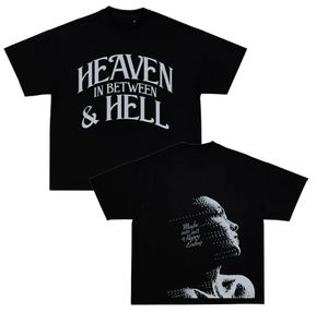 เสื้อยืดผู้ชายพิมพ์ลาย Heaven In Between & Hell แขนสั้น คอกลม ผ้าฝ้ายเจอร์ซีย์ ทรงปกติ สีดำ - Product Image 1