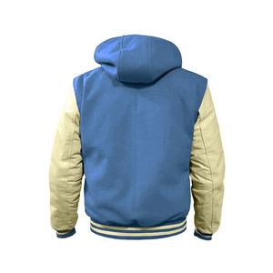 Custom <b>Light</b> Blue Wool Body and Cream Leather Sleeves Hooded Varsity <b>Jacket</b> - Product Image 3
