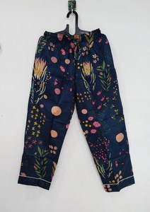 Pijamas de algodón de 2 piezas para mujer, con estampado floral azul marino, manga larga, cuello vuelto, ropa de dormir informal - Product Image 4
