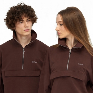 Ensemble de survêtement unisexe marron à col zippé ONETEN, coupe ample, longueur intégrale, couleur unie, poche discrète, tenue décontractée pour l'automne - Product Image 5