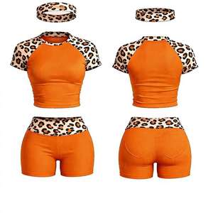 Custom Logo Women's 2-Piece Skinny Solid Polyester Quick Dry Pattern Contrast <b>Raglan</b> Sleeve Crop <b>Top</b> High Waist Shorts Set OEM - Product Image 3