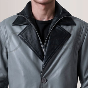<b>Mens</b> Premium <b>Grey</b> Leather Trench Coat Long Winter <b>Overcoat</b> with Inner Zipper Layer Genuine Leather Double Collar Jacket - Product Image 6