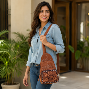 Latest Arrival Boot Stitch Hand Tool Carving Suede Leather <b>Backpack</b> Fashion School Unisex Day Bag Wholesale Bulk Product - Product Image 3
