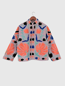 Blouson brodé à la main à motif floral, col mandarin, manches lanternes, grande taille, manteau de printemps pour femme, style carré, en polyester - Product Image 1