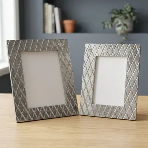 Rectangular Aluminum Photo <b>Frame</b> with Embossed Diamond Pattern Durable Tabletop Display for Home Office Decor - Product Image 1