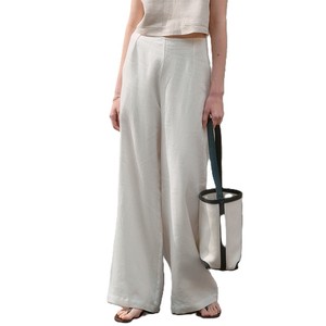Women Linen Wide Leg Pants High <b>Elastic</b> Waist Loose Full Length Solid Color Minimalist Summer Breathable Woven Trousers - Product Image 2