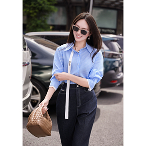 Camisa de Algodón a Rayas Azules para Mujer, Manga Larga, Cuello con Botones, Estilo Casual de Oficina, Corte Holgado, Detalle de Lazo, OTOÑO - Product Image 5