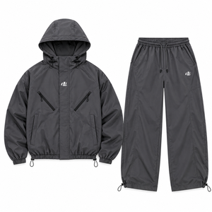 Conjunto de Chaqueta Cortavientos con Capucha Personalizada para Hombre, Impermeable, Estilo Urbano, con Cremallera Completa, Pantalones Deportivos Anchos y Holgados, Venta al Por Mayor - Product Image 5