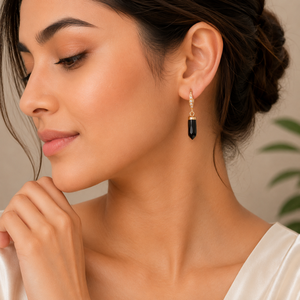 Black Onyx 34-35mm With Zircon Ear Wire <b>Small</b> Spike Shape 925 Sterling Silver 18K Gold Plated <b>Earrings</b> - Product Image 6