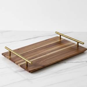 Premium Modern Acacia Wood Serving Tray with Brass Handles <b>Decorative</b> Kitchen Serving Tray - Product Image 1