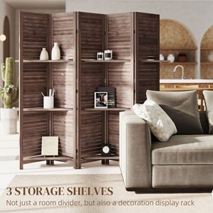 Separador de ambientes de madera de nogal de 67 pulgadas de alto con 5 paneles, 3 estantes y almacenamiento plegable para dormitorio - Product Image 4