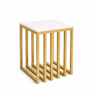 Mesa Auxiliar de Dos Niveles con Cubierta de Mármol Blanco Premium y Marco de Hierro Dorado, Mesa de Noche Compacta para Bebidas, Ideal para el Dormitorio Principal - Product Image 2