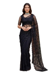 Sari indio tradicional de diseño, negro, con blusa de red, elegante y moderno, para fiestas, de secado rápido, para mujer, de verano. - Product Image 3