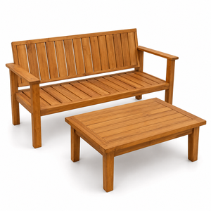 Modern Solid Teak Wood <b>Outdoor</b> Garden <b>Bench</b> with Coffee <b>Table</b> Patio Furniture for Hotel Resort Villa Courtyard Backyard - Product Image 1