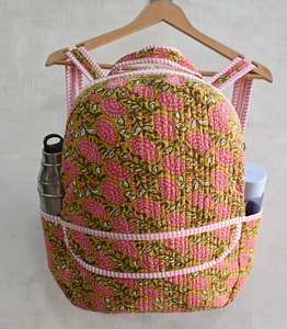 Handmade Block Printed Quilted Cotton <b>Backpack</b> Animal Prints Zipper Spacious Lightweight Durable Multi-Pocket School <b>College</b> - Product Image 3
