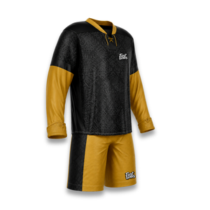 Custom Ice Hockey Jersey Set Sublimated Full Sleeve <b>Moisture</b> Wicking Men's Uniform Black Gold Geometric Pattern - Product Image 4