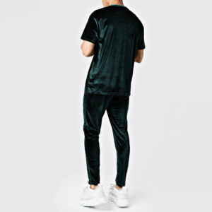 Unisex Green Velour Tracksuit <b>Set</b> Crew Neck Short Sleeve Drawstring Pants <b>Embroidery</b> Logo Casual Autumn Wear - Product Image 2
