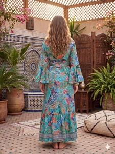 <b>Boho</b> Maxi <b>Dress</b> V-Neck Lantern Sleeve Tropical Print Silk Loose Fit <b>Summer</b> Wrap <b>Dress</b> Women Casual Wear - Product Image 5